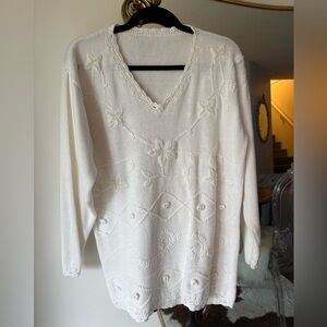 Vintage cream knit embroidered V neck sweater dress